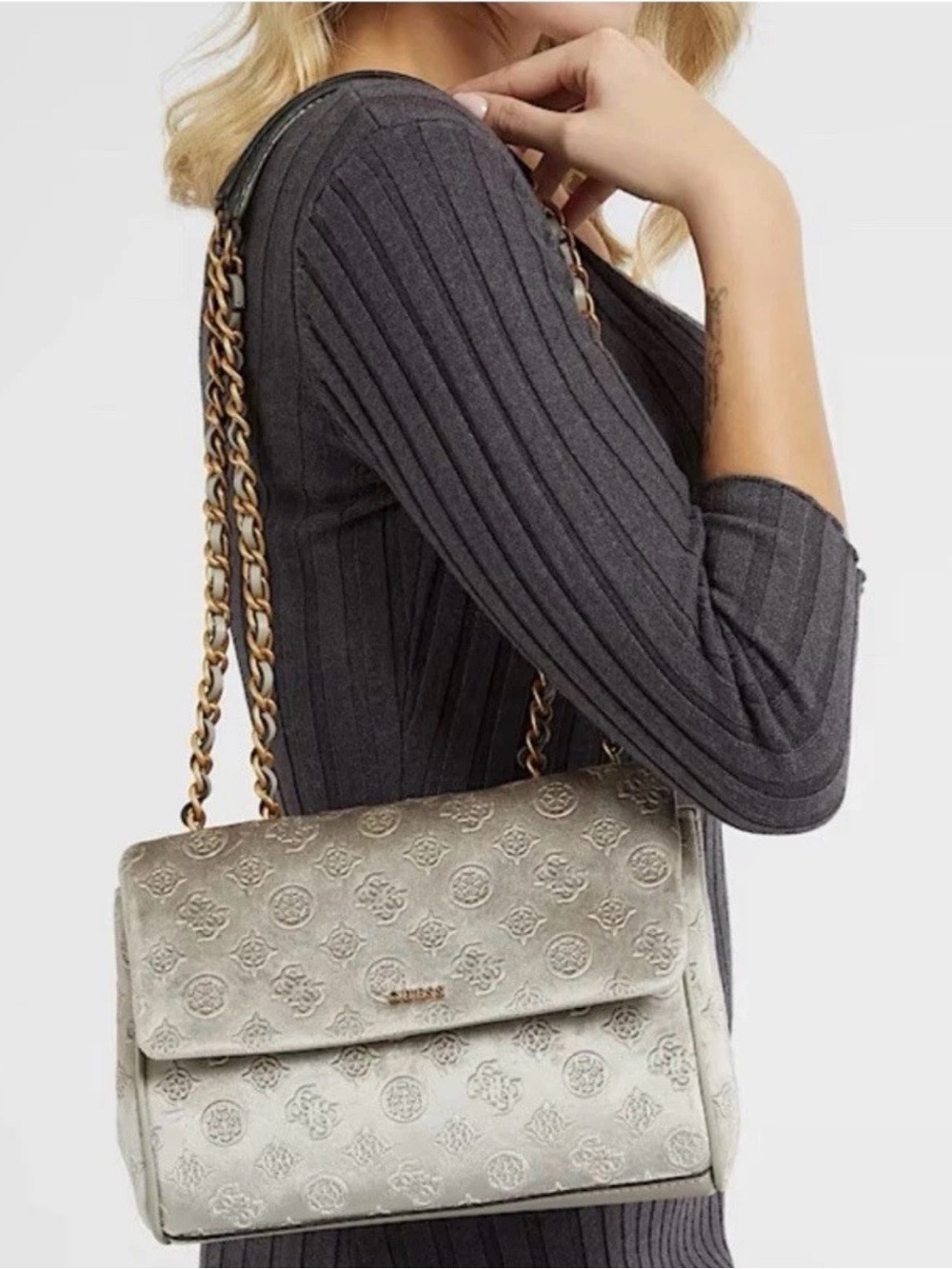 Guess Cream Embossed Logo Chain-Strap Crossbody Bag